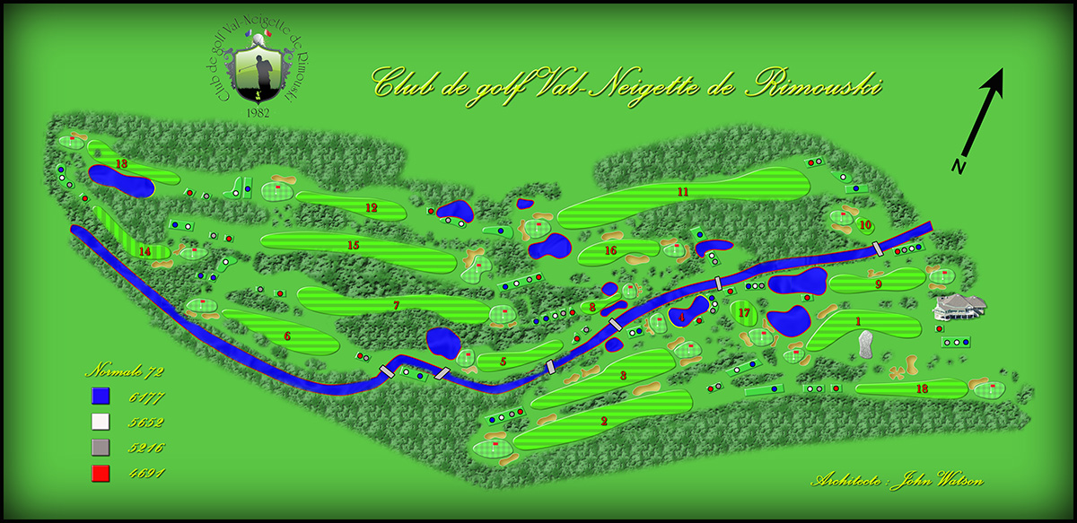 Carte illustrée du parcours de golf du Club Val-Neigette à Rimouski, avec lacs, verts et départs.
